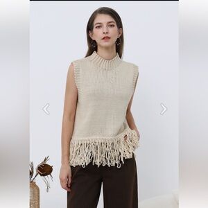 Koko + Mason Fringed Mock Neck Sleeveless Cream Sweater